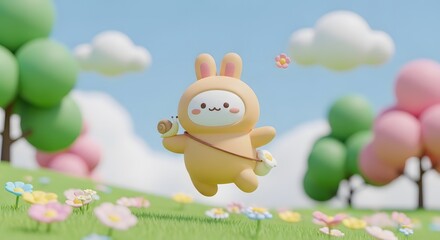 Fototapeta premium Minimal 3D bunny character in yellow suit with flower bag. Travel and seasonal adventure concept. Chibi rabbit carrying a snail friend while leaping through a spring flower field