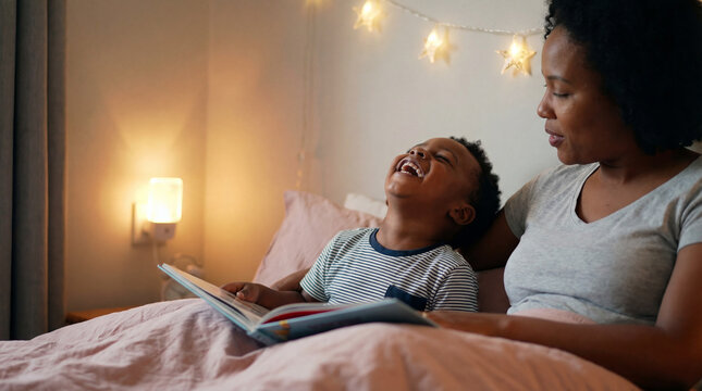 Read Across America Day bedtime story moment with cheerful African American toddler boy and mother reading nighttime book for literacy campaign design