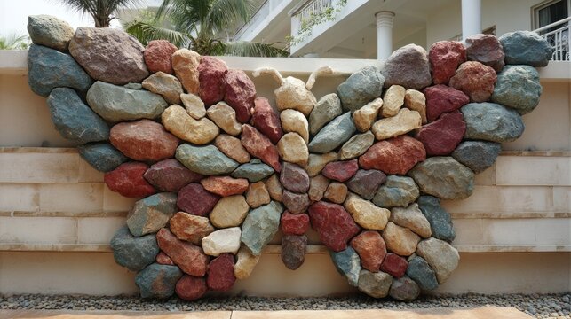 Colorful Stone Arrangement on Concrete Wall.