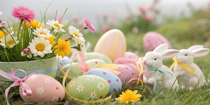 Happy Easter greeting scene with colorful eggs nest flowers and spring decor.