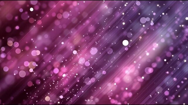 Sparkling bokeh lights and shimmering dust particles moving diagonally in pink and purple hues, abstract celebratory background