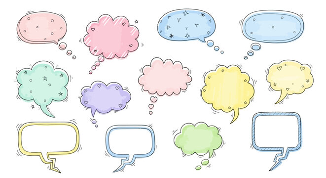 Colorful cartoon speech bubbles and thought clouds.