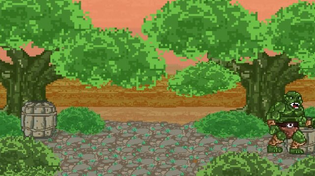 Pixel art animation of a game featuring a medieval ogre with his club walking through the forest, pixel art.