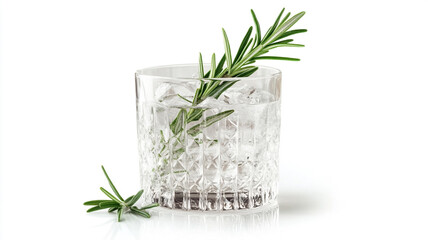 Refreshing rosemary gin cocktail with ice in a crystal glass on white background, ideal for food and lifestyle.