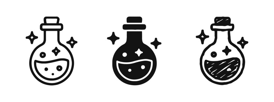 Magic potion bottle icon set. Outline, glyph, and hand-drawn elixir flask symbols with sparkling effects on a white background.