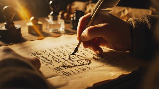 Scribe's Hand Writes Ancient Text on Parchment