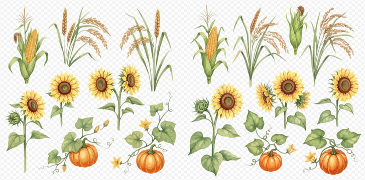 Watercolor Autumn Harvest Elements: Sunflowers, Pumpkins, Corn, and Wheat Set.