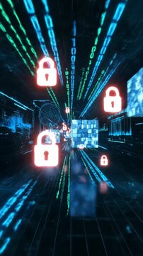 A high-tech digital environment showcasing secure data streams, lock icons, and glowing cybersecurity visuals for advanced virtual protection and digital safety.
