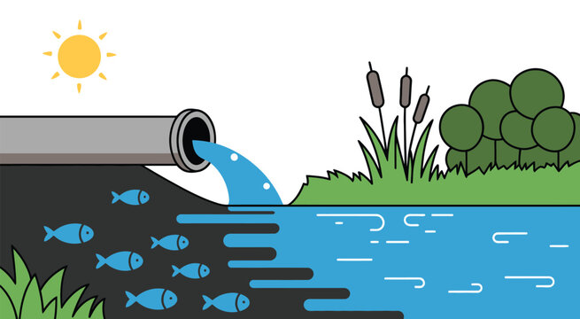Industrial pipe discharging effluent into a lake, surrounded by lush greenery, aquatic life, sunny sky, environmental pollution illustration, water contamination concept, vector.