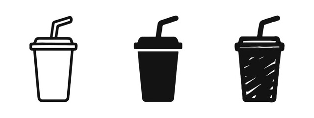 Drink Cup with Straw icon set in outline, solid, and hand-drawn doodle styles. Disposable beverage and fast food symbol. © ICONS FOR YOU