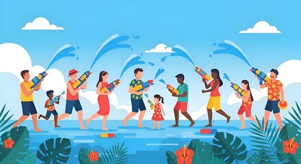 Fototapeta premium Water Fight Fun with Diverse People and Children Celebrating Summer Holiday