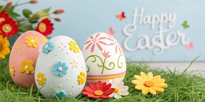Happy Easter spring landscape with decorated eggs flowers and meadow scene.