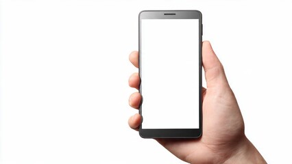 Hand holding modern smartphone with blank white screen isolated on white background. Mobile phone mockup for app design and advertising.