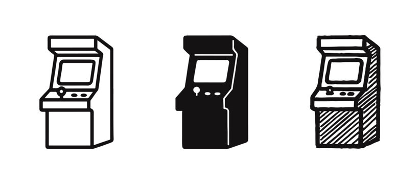 Arcade machine icons set. Outline, solid, and doodle style retro gaming illustrations.