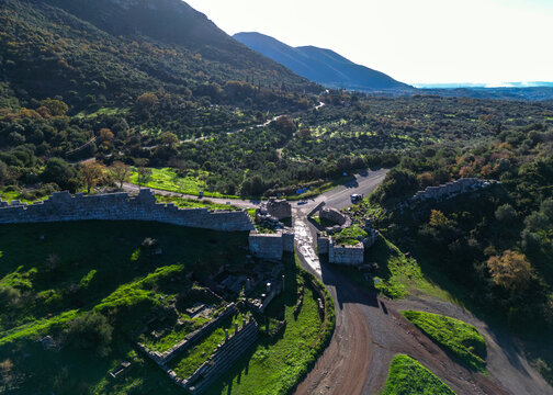Aerial view of Ancient Messene ruins in Peloponnese Region of Greece, a world heritage site