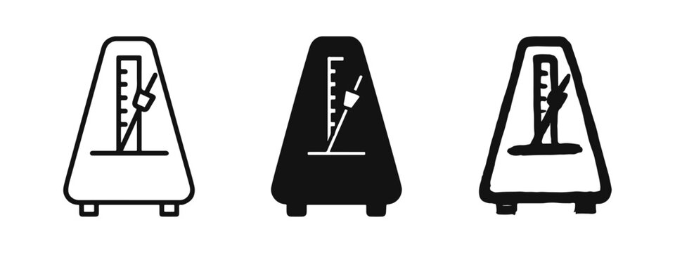 Metronome icon set. Device for music tempo in outline, solid, and doodle styles.