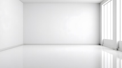 Minimalist interior design: An empty, bright space awaits, with natural light streaming through a large window, creating a serene and modern atmosphere. 