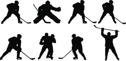 Ice hockey player silhouette collection featuring skating shooting and goalie poses black vector illustration set isolated on white background for sports design © World_Of_Vector