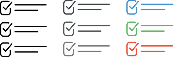 Minimal checklist icon set bundle including black, gray, and colorful outline variations. Each variation has checkboxes and tick marks for completed, pending, and editable tasks. Perfect for productiv © latif