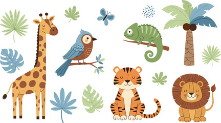Cute safari animal collection featuring giraffe, lion, tiger, chameleon, and bird with tropical palm leaves for nursery wall art and kids design. © Hosneara