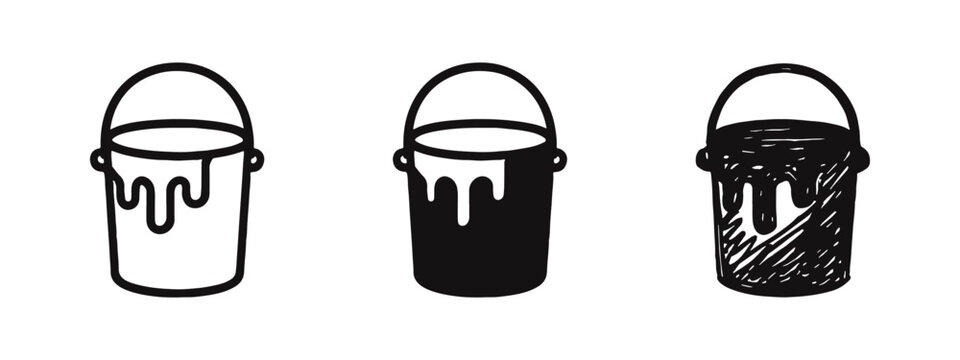 Paint bucket icon set. Paint can with dripping paint symbol in outline, filled, and hand-drawn styles. Renovation tool vector.