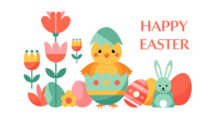 Naklejka premium Colorful easter scene with cartoon chick, bunny, and flowers