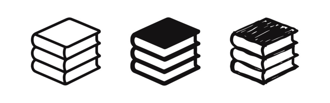 Stack of books icon set. Education and learning symbol in outline, filled, and hand-drawn styles. Reading and knowledge vector.