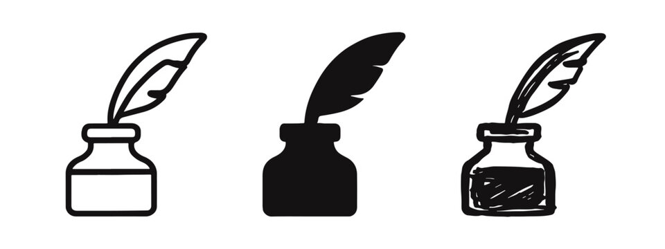 Inkwell and quill pen icon set. Vintage writing tool symbol in outline, filled, and hand-drawn styles. Historical communication vector.