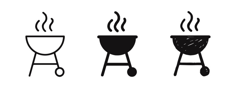 BBQ grill icon set. Barbecue with smoke symbol in outline, filled, and hand-drawn styles. Outdoor cooking vector illustration.