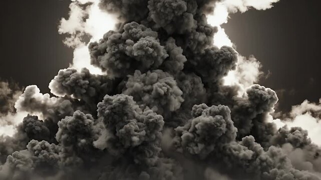 Black smoke plumes billow upwards against a bright, hazy sky