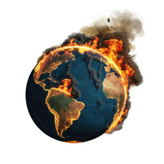 Burning Earth with flames and smoke globe fire isolated on a transparent background