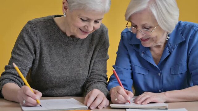 Two elderly European women engaged in drawing and writing together at a table, showcasing their creativity with colorful pencils and notebooks against a bright yellow background