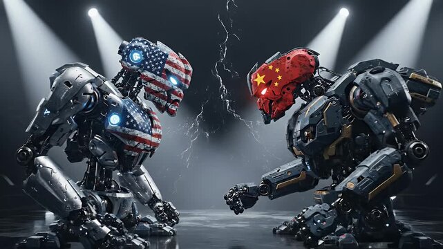 Two robotic figures, one with an American flag and the other a Chinese flag, face off