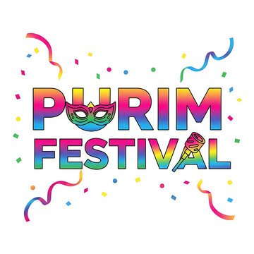 Purim festival colorful text with carnival mask and party confetti
