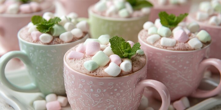 Four pastel-colored mugs filled with hot chocolate topped with mini marshmallows and mint leaves, arranged closely on a tray.