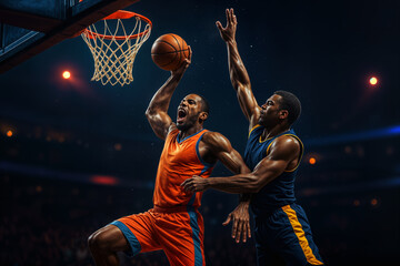 NBA All-Star style elite basketball dunk and block midair collision showcasing extreme competition peak athleticism sports innovation neon arena intensity 2026 trends championship mentality