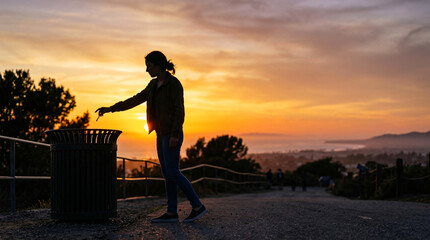 Fototapeta premium Silhouette of a woman correctly disposing of trash into a public receptacle while enjoying a dramatic and vibrant orange sunset overlooking a distant coastal landscape