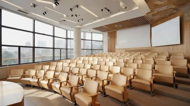 Modern auditorium with large windows showcasing bright empty lecture hall featuring rows of wooden seating and a spacious layout for educational presentations