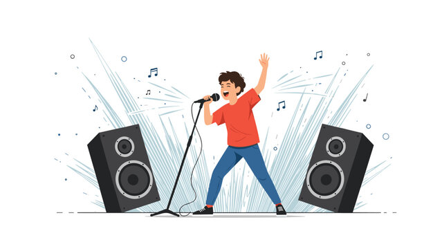 Talented young boy singing into a microphone on a stage with large speakers and musical notes in the background.