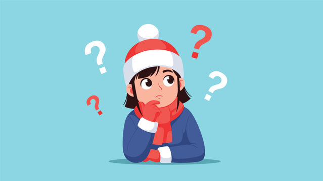 Young girl wearing winter clothes and a hat looking confused with several large question marks around her head.
