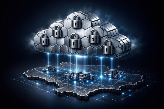 Sovereign cloud infrastructure composed of interlocked silver hexagonal plates with steel padlocks floating above a secured country map symbolizing data sovereignty and enterprise IT control