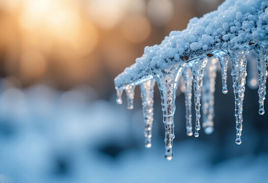 Close-up of thin transparent icicles melting with multiple water drops, abstract blurred background showing subtle seasonal color shift, clean minimal composition, advertising ready.