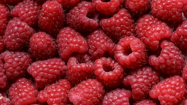 Close-up view of fresh, ripe raspberries, showcasing their textured surface and vibrant red color.