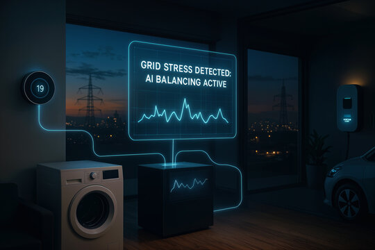 Smart Grid flexibility demand response in sustainable smart home at dusk with AI balancing active holographic hub showing GRID STRESS DETECTED and connected EV charger thermostat washing machine