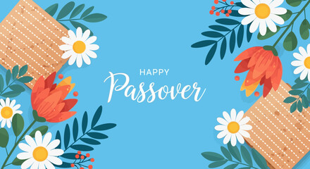 Happy Passover Greeting Card with Matzah, Daisies, and Orange Flowers on Blue © adi