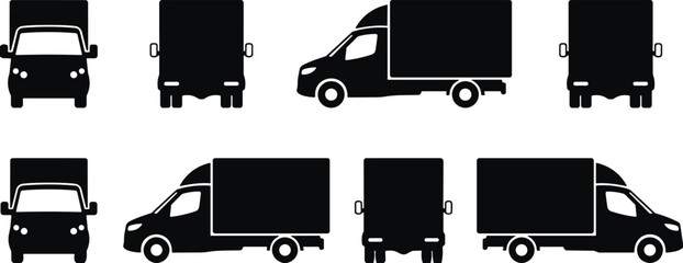 Set of delivery truck silhouettes from different angles including front side and back view isolated on white for transport logistics © Sohagh's World