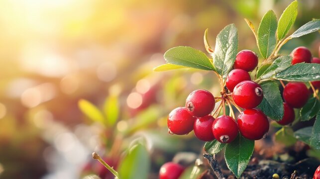 Close up of ripe red cranberries on a branch in sunlight