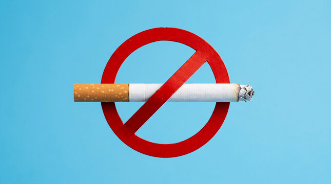 No Smoking Sign with Lit Cigarette on Blue Background