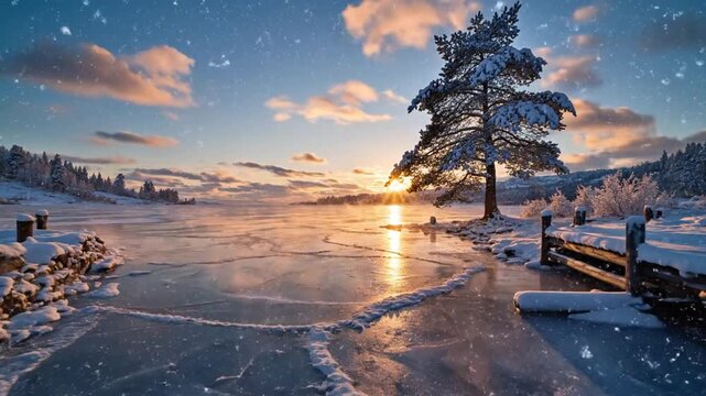 A serene winter meadow greets sunset over a animated movie lake by snow-dusted wooden dock and lone pine