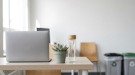 A modern office desk with a laptop, plant, and water bottle on a clean and minimalist workspace